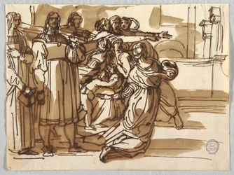 De Prelaat en Krukdragers en Vrouwen bij hen in "Verdrijving van Heliodorus" naar Raphael Sanzio