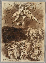 Drie putti met guirlande; Romulus en Remus die zogen bij de wolvin; Twee putti die cimbalen bespelen