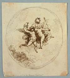 Twee vliegende putti met attributen van Dionysus