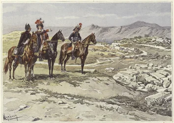 Soldaten te paard die Nicopolis verkennen
