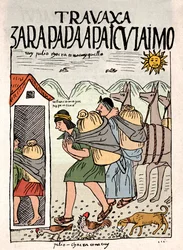 Inca-rijk: Inca-boeren werken in de velden in juli (inkttekening uit het manuscript 