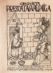 Inca-keizer Atahualpa, gevangene van de Conquistadores in Cajamarca (inkt tekening)