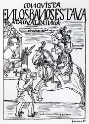 Sebastian de Benalcazar en Hernando Pizarro confronteren Atahualpa Inca bij de Koninklijke Baden in Cajamarca (houtsnede)