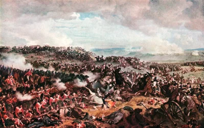 De Slag bij Waterloo. Cuirassicrs die hooglanders in het vierkant aanvallen (kleurenlitho)