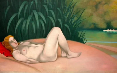 Slapende naakte vrouw aan het water