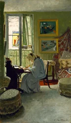 Vrouw die schrijft in een interieur