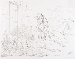 (Rip Van Winkle, illustratie) Rip keert terug naar zijn huis in puin