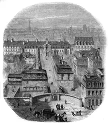 Uitzicht op de Gobelins tapijtfabriek in Parijs, met het kapucijnenklooster, het observatorium en het kasteel van de koningin Blanche. Gravure door Thorigny
