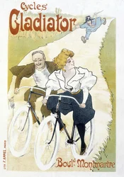 Fietsend koppel achtervolgd door een agent - Reclame voor Gladiator Fietsen, door Misti, ca. 1895
