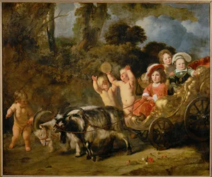Aristocratische kinderen in een koets getrokken door geiten (schilderij op doek)