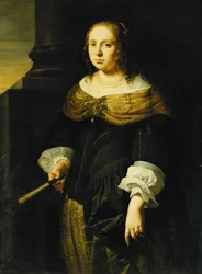 Portret van een Dame, Driekwart Lengte, in een Zwart en Groene Jurk, met een Waaier, op een Portiek