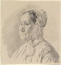 Portret van een vrouw met kanten muts, in driekwartprofiel naar links