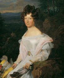 Dame in witte jurk voor een Wienerwaldlandschap