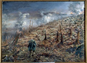 Eerste Wereldoorlog (1914-1918): „Het ravijn des doods bij Verdun” - Landschap van ruïnes en as na de slag. 1916 Parijs. Museum van de Twee Wereldoorlogen