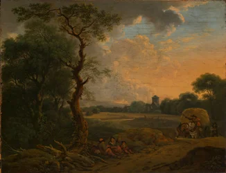 Avondlandschap met hooiwagen