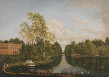 Uitzicht naar het zuiden over het Bovenste Schönbuschmeer op Slot Schönbusch en het kanaal (Aschaffenburg-cyclus)