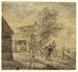 Boerderij met mannen en koeien