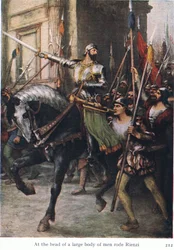 Aan het hoofd van de grote groep mannen reed Rienzi, illustratie uit The Stories of Wagner