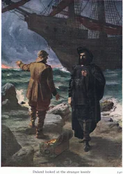 Daland keek scherp naar de vreemdeling, illustratie uit The Stories of Wagners Operas, uitgegeven door George Harrap & Co Ltd 1932