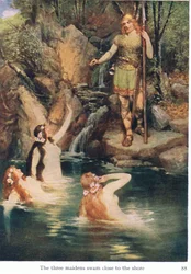 De drie meisjes zwommen dicht bij de kust, illustratie uit The Stories of Wagners Operas, uitgegeven door George Harrap & Co Ltd 1932