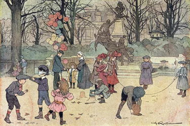 Spellen van colin-aillard, touwtjespringen, ballon en zand in de openbare tuin, in Imagier de l