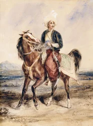 Een Arabische krijger te paard in een landschap