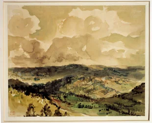 Panoramisch uitzicht op beboste heuvels rond Croze. Aquarel door Eugene Delacroix