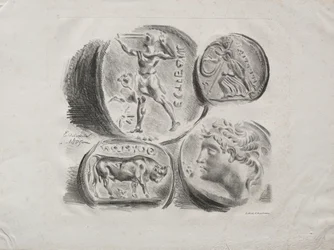 Blad met Vier Antieke Medailles, 1825
