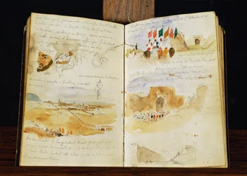 Schetsen van Arabieren, landschappen van Marokko, Arabische menigten, Poort van Meknes en handgeschreven notities ...