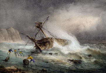 Brik gestrand, kleurenlithografie door Ferdinand Perrot