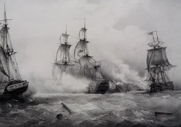 Gevecht tussen Britse en Amerikaanse derdeklas zeilschepen met 74 kanonnen, lithografie door Ferdinand Perrot