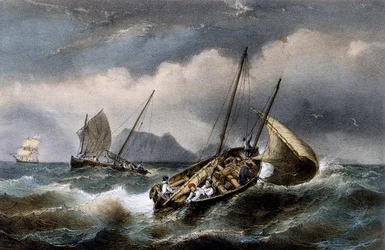 Sardinevissen langs de kust van Bretagne, Kleurenlithografie door Ferdinand Perrot (1808-1841)