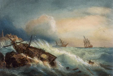 Schipbreuk aan de kust van Saint Nazaire, Kleurenlithografie door Ferdinand Perrot, Frankrijk