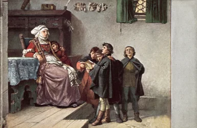 Maarten Luther zingt voor Frau Cotta toen hij student was in Eisenach, Duitsland, 1499