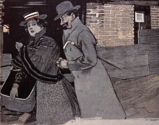 Man die een jonge vrouw lastigvalt. Illustratie door F. Von Reznicek in: Simplicissimus, Duitsland