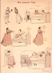Het verboden boek. Een meisje leest een boek in bed. Het wordt van haar afgenomen door een oudere vrouw, die het vervolgens zelf leest.