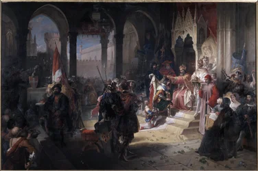 Amadeus VIII de Vredelievende (1383-1451) werd hertog van Savoye gekroond door keizer Sigismund I van het Heilige Roomse Rijk op 19/02/1416 tijdens zijn bezoek aan Chambéry. Schilderij door Ferdinando Cavalleri (1794-1865) Château di Aglie, Italië