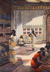 De beroemde bibliotheek van koning Assurbanipal in Nineve, illustratie uit 