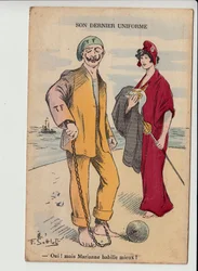 Prentbriefkaart, satirisch in kleuren: Haar laatste uniform - Oorlog van 14-18 - Marianne, Wilhelm II Illustratie door Gottlob (1873-1935)