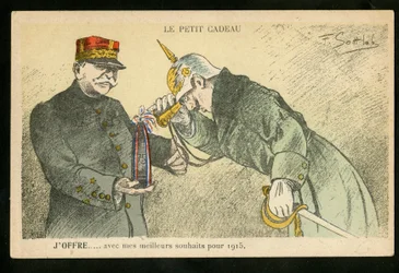 Ansichtkaart, Satirisch in kleuren, ca. 1914: Een klein geschenk dat ik aanbied met mijn beste wensen voor 1915 - Oorlog van 14-18, Kanonnen, granaten - William II, Joffre Illustratie door Gottlob (1873-1935)