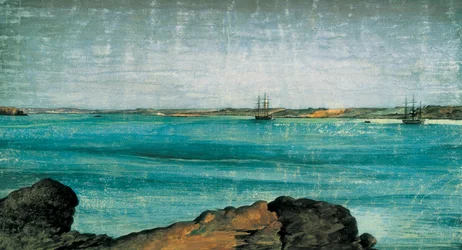 Puerto Deseado, detail. Stad en vissershaven van Patagonië, in de provincie Santa Cruz in Argentinië. Tekening Fernando Brambila, Madrid. Maritiem museum.