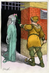 Illustratie door Filiberto Scarpelli (1870-1933) voor de fabel "" Buona sera Ezzechiello "" (Goedenavond Ezechiël) uit een verzameling fabels van de gebroeders Grimm "Sneeuwwitje en andere verhalen"" rond 1920.