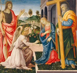 Annunciatie en Heiligen, door Filippino Lippi, olie op doek