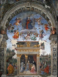 Hemelvaart van de Maagd en beneden Sint Thomas van Aquino die Maria presenteert aan kardinaal Oliviero Carafa