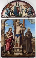 Sint Sebastiaan omringd door Sint Jan de Doper en Sint Franciscus van Assisi Centraal paneel. Boven maagd met kind