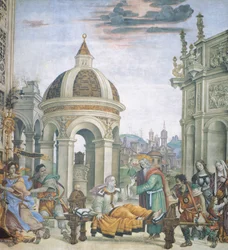 Sint Jan Evangelist wekt Drusiana op, detail van Verhalen van Sint Jan Evangelist, fresco, Basiliek van Santa Maria Novella, Strozzi-kapel, Florence