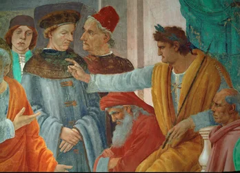 De disputatie tussen Sint Petrus, Sint Paulus en de tovenaar Simon Magus in aanwezigheid van keizer Nero