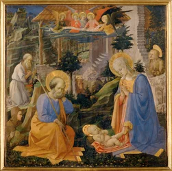 Aanbidding van het Kind, met de heilige Hilarion en
engelen ... (tempera op hout)