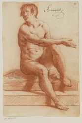 Zittende mannelijke naaktfiguur die zijn hoofd naar links draait