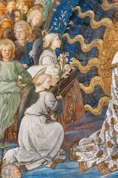 Engelen die lelies vasthouden, bloemen die het symbool van zuiverheid zijn, detail van de Kroning van Maria